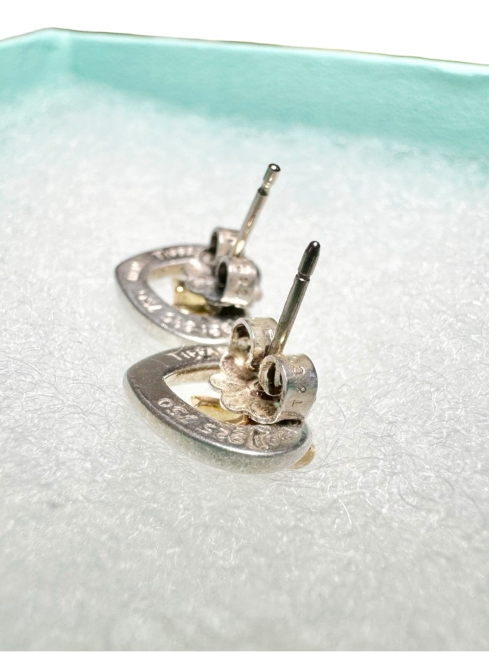 Tiffany & Co. Engraved 925 Silver Heart & 18K Gold Bow Stud Earrings Set w.Box - Picture 6 of 13